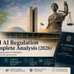 Illustration of Brazil AI regulation showing the Brazilian Congress, PL 2338/2023, AI governance visuals, human rights symbolism, and ANPD oversight concepts.