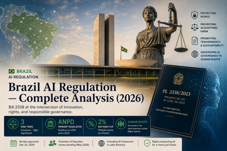 Illustration of Brazil AI regulation showing the Brazilian Congress, PL 2338/2023, AI governance visuals, human rights symbolism, and ANPD oversight concepts.